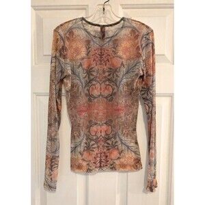 "Just In Time" Mesh Top M Sheer Floral Rhinestone Y2K Made in USA Fairycore VTG